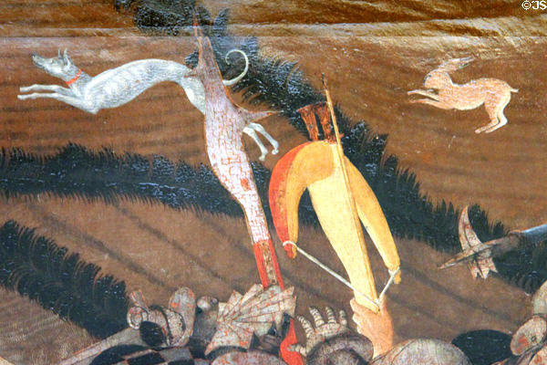 Detail of hunting dogs in battle of San Romano painting (1436-40) by Paolo Uccello (aka Paolo di Dono) at Uffizi Gallery. Florence, Italy.