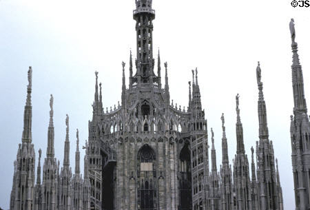 Duomo spires seen from roof level. Milan, Italy.