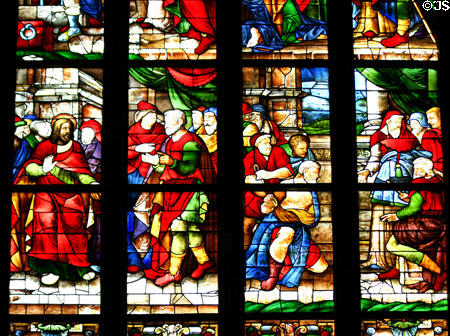 Biblical scene in stained-glass of Duomo. Milan, Italy.