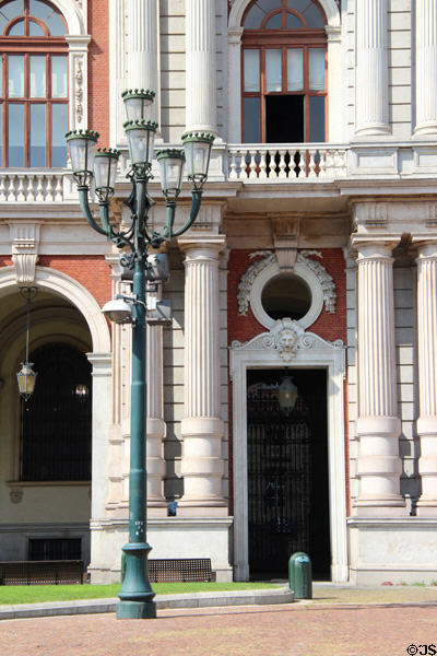 Italy room facade & street lamp detail of Palazzo Carignano on Piazza Carlo Alberto. Turin, Italy.
