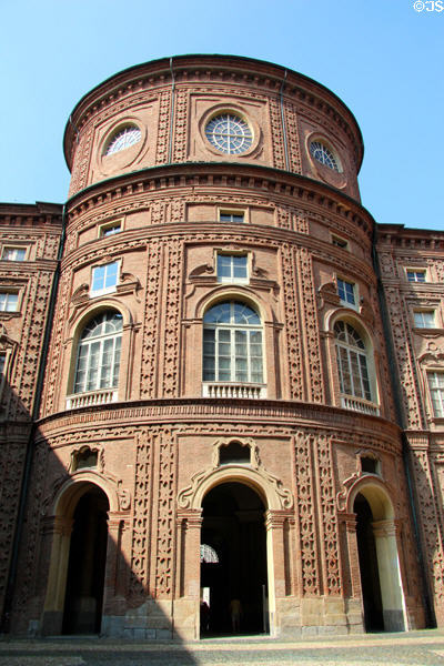Courtyard baroque facade of Palazzo Carignano of round Subalpine chamber (1679) site of Italy's first Parliament (1848-61). Turin, Italy. Architect: Guarino Guarini.