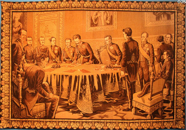 Tapestry of Carlo Alberto signing Albertine Statute granting representative government on March 4, 1848 at Risorgimento Museum. Turin, Italy.