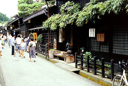 Village of Takayama in the Japanese Alps where streets are lined with traditional wood buildings. Japan.