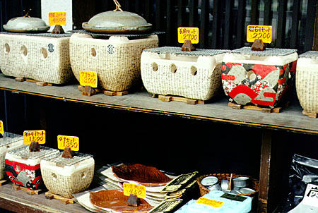 Table-top braziers on display in Takayama. Japan.