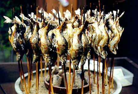 Fish on sticks at a street stand in Takayama. Japan.