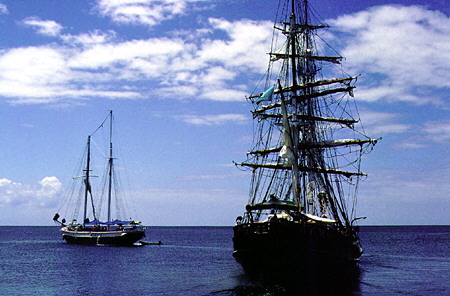 The Unicorn, a replica of a 19th century Brig, departs Soufrière. St Lucia.