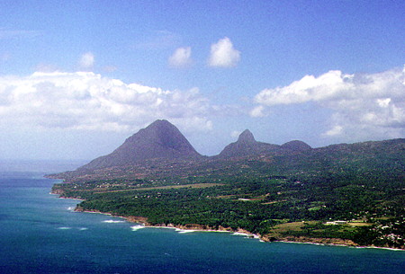 Pitons seen from plane landing at Hewanorra Airport. St Lucia.
