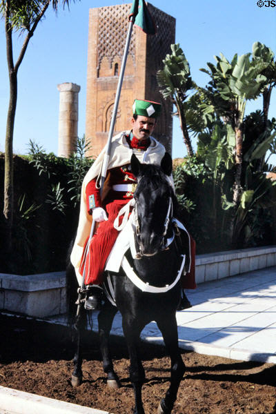 Mounted guard at Hassan Tower minaret. Rabat, Morocco.