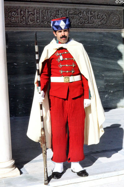 Guard in traditional uniform Mausoleum of Mohammed V. Rabat, Morocco.