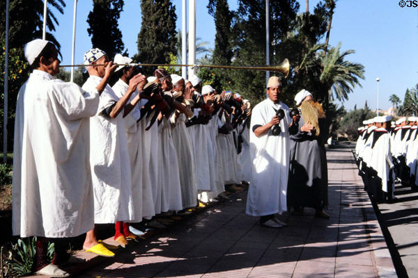 Musicians with traditional instruments & dress in Marrakesh. Marrakesh, Morocco.