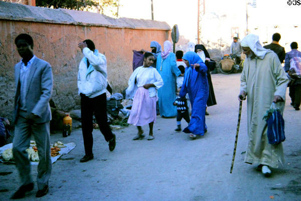 Street scene with pedestrians. Marrakesh, Morocco.