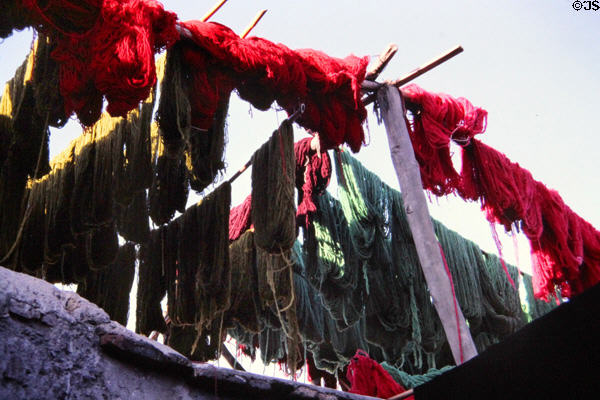 Wool hanging in dyer's souk. Marrakesh, Morocco.