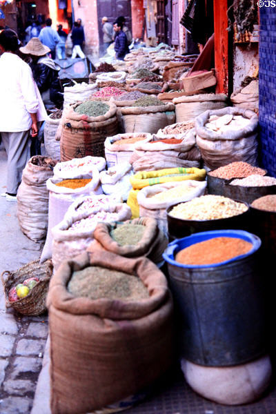 Sacks of grains & beans in souk. Marrakesh, Morocco.