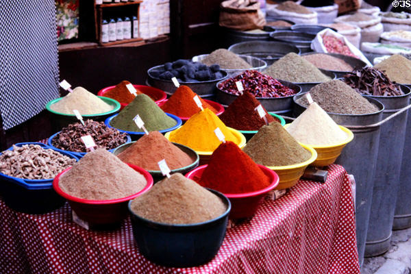 Spices arrayed in pans. Marrakesh, Morocco.