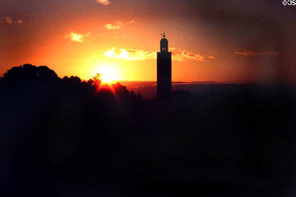 Sunset over Koutoubia Minaret of Marrakesh. Marrakesh, Morocco.