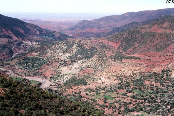 Landscape of foothills of Atlas mountains seen from road between Marrakesh & Tizi-n-Tichka. Morocco.