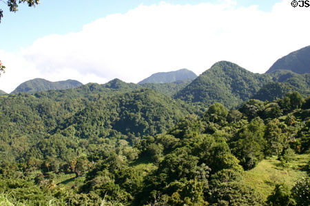 View of Pitons forest-covered mountain ridge from Morne-Verte. Martinique.
