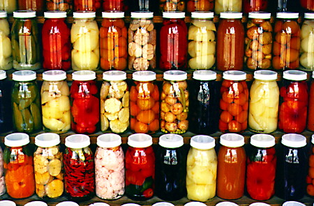 Colorful jarred preserves in Huejotzingo. Mexico.
