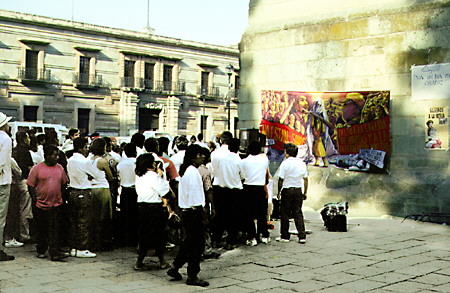 A crowd gathers at a meeting regarding Chiapas in Oaxaca. Mexico.
