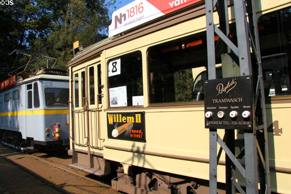 Tram that operated in Den Haag (1921-60) with Willem II cigarette ad on the side at Arnhem Openlucht Museum. Arnhem, Netherlands.