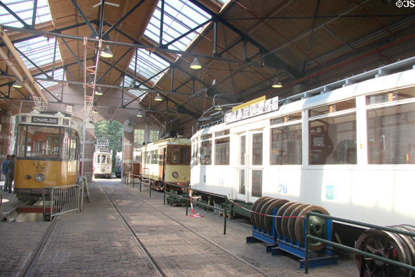 Tram collection in rail shed at Arnhem Openlucht Museum. Arnhem, Netherlands.
