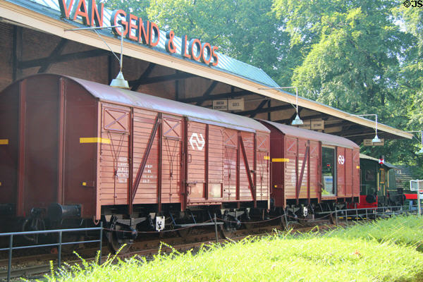 Van Gend & Loos rail boxcars once owned by company involved in landmark EU law case (1963) at Arnhem Openlucht Museum. Arnhem, Netherlands.