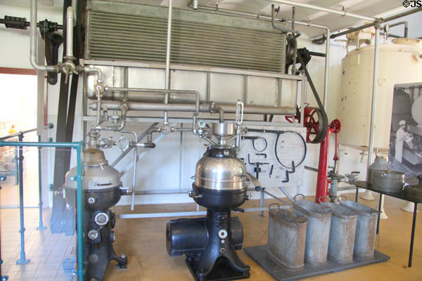Cheese making equipment in Veenwouden dairy factory at Arnhem Openlucht Museum. Arnhem, Netherlands.