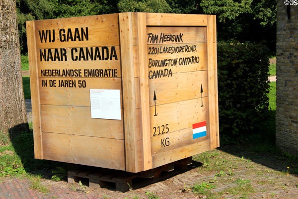 Shipping box such as those used in 1950's by the many Dutch people emigrating to Canada at Arnhem Openlucht Museum. Arnhem, Netherlands.