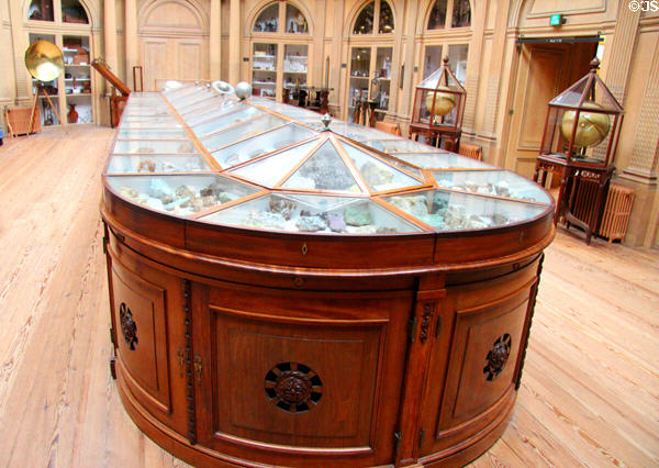 Antique display case containing mineral collection at Teylers Museum. Haarlem, Netherlands.