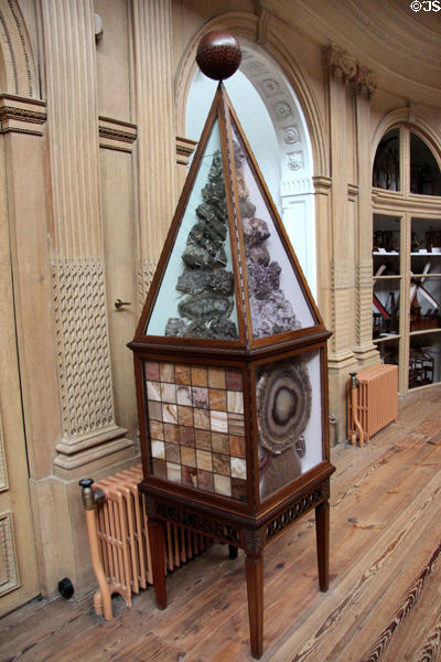 Antique pyramid-shaped case displaying geodes at Teylers Museum. Haarlem, Netherlands.