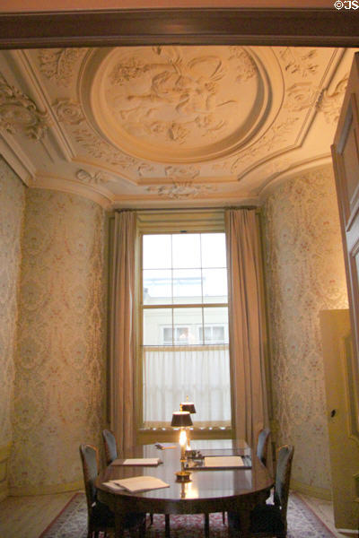 Informal dining room with ornate plaster ceiling in home of Pieter Teyler at Teylers Museum. Haarlem, Netherlands.