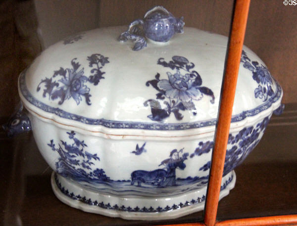 Blue & white ceramic covered bowl in home of Pieter Teyler at Teylers Museum. Haarlem, Netherlands.