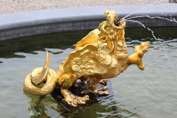 Gilded mythical figure blowing water in Venus Fountain. Het Loo, Netherlands.