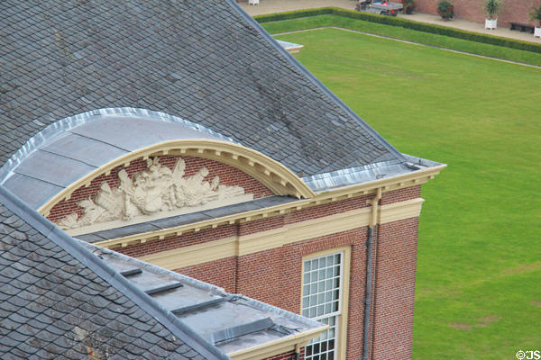 Decorative relief in Het Loo palace roof line. Het Loo, Netherlands.