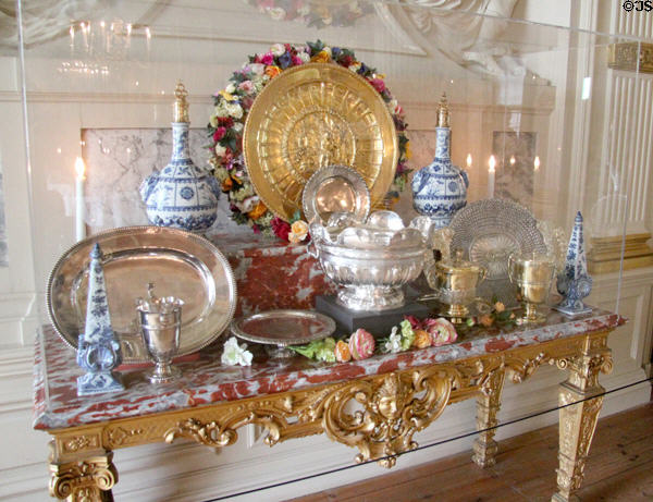 Gilded side table with marble top covered with decorative pieces & silver Montieth in New Dining Room. Het Loo, Netherlands.