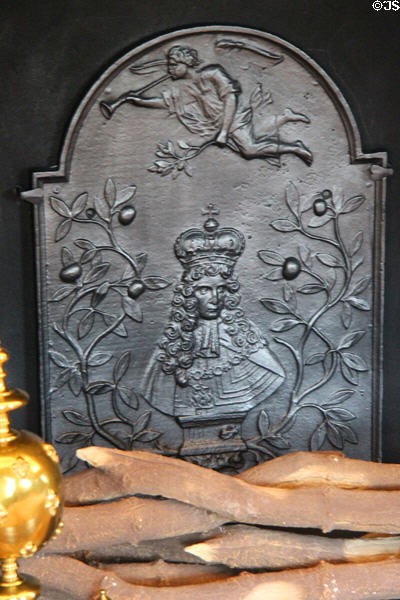 Cast iron fire screen embossed with image of a king. Het Loo, Netherlands.