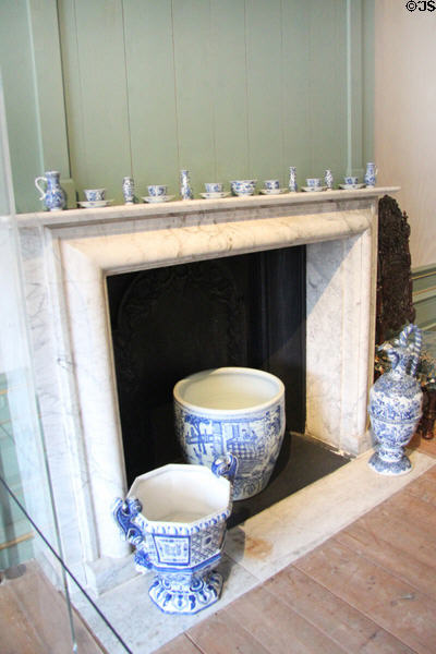 Fireplace mantel & hearth decorated with Delftware. Het Loo, Netherlands.