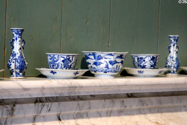 Array of miniature Delftware objects. Het Loo, Netherlands.