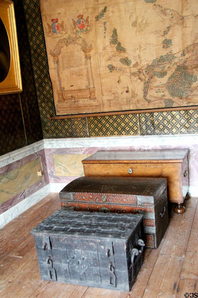 Travel trunks with initials WR which belonged to King Willem III in his former apartments. Het Loo, Netherlands.
