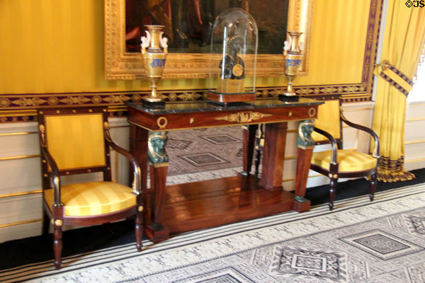 Wall covering & matching chair upholstery in golden yellow in office of King Willem I. Het Loo, Netherlands.