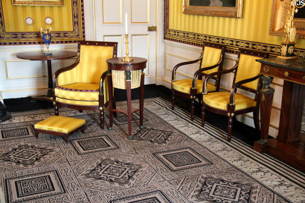 Matching golden yellow chairs, foot stool & wall covering in office of King Willem I. Het Loo, Netherlands.