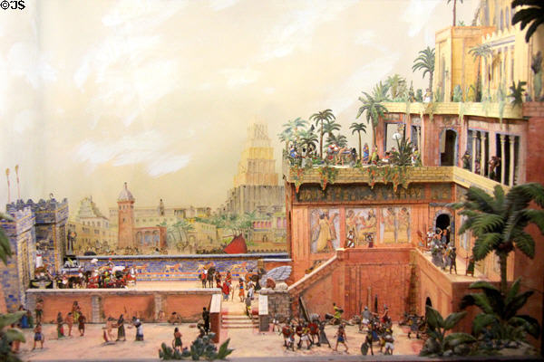 Tin figure diorama showing Babylon (c568BCE) with gardens & palaces by Nebuchadnezzar for his wife with Tower of Babel in the background at National Tin Figures Museum. Ommen, Netherlands.