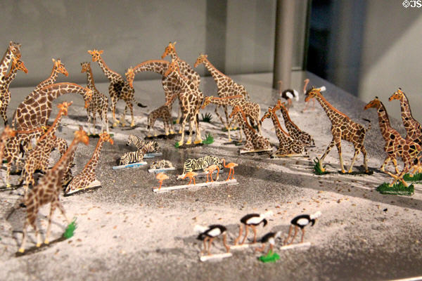 Tin figure diorama showing array of zoo animals including giraffes, zebras, flamingoes & ostriches at National Tin Figures Museum. Ommen, Netherlands.