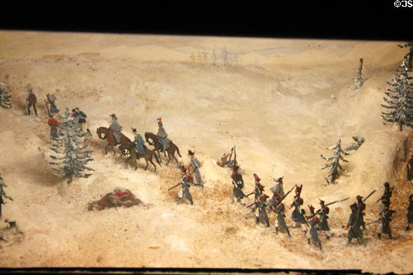 Tin figure diorama showing Napoleon I and his troops struggling through the snow in Russia in 1812 at National Tin Figures Museum. Ommen, Netherlands.