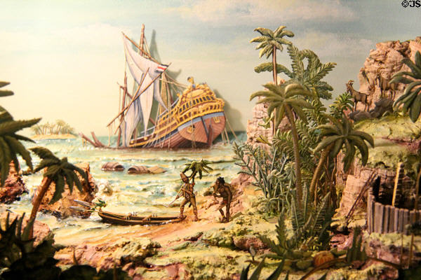 Tin figure diorama showing Robinson Crusoe & companion Friday, characters from famous novel (1719) written by Daniel Defoe, who were stranded on a deserted island for many years at National Tin Figures Museum. Ommen, Netherlands.