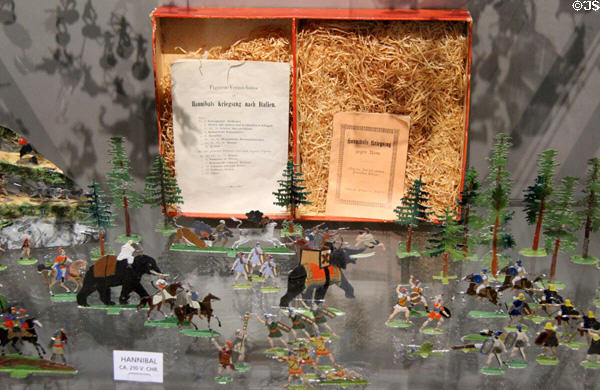 Tin figures and their original gift box of Hannibal crossing the Alps at National Tin Figure Museum. Ommen, Netherlands.