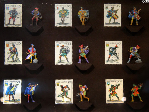 Tin figures replicating images on postage stamps from San Marino at National Tin Figure Museum. Ommen, Netherlands.