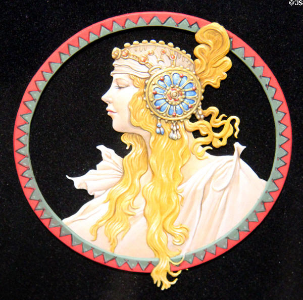 Art Nouveau female profile sculpted in tin at National Tin Figure Museum. Ommen, Netherlands.