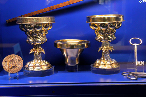 Display of highly decorative gilded silver representing the rapid growth of Zwolle as a trading center after it gained status as a city in 1230 at ANNO Stadsmuseum Zwolle. Zwolle, Netherlands.