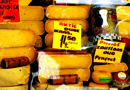 Window display at cheese shop in Hoorn. Hoorn, Netherlands.